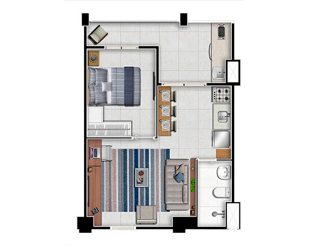 1 dorm. com terraço 39,90m². Aptos. finais 5, 6, 7, 8, 9 e 10 (Torre 8)