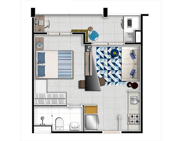 1 dorm com terraço e depósito⁽⁴⁾ - 32m². Aptos finais 1, 2, 3, 4, 8, 9, 10, 11, 12, 13, 17 e 18 (Torres 7 e 8). Aptos finais 1, 2 e 13 (Torre 8)