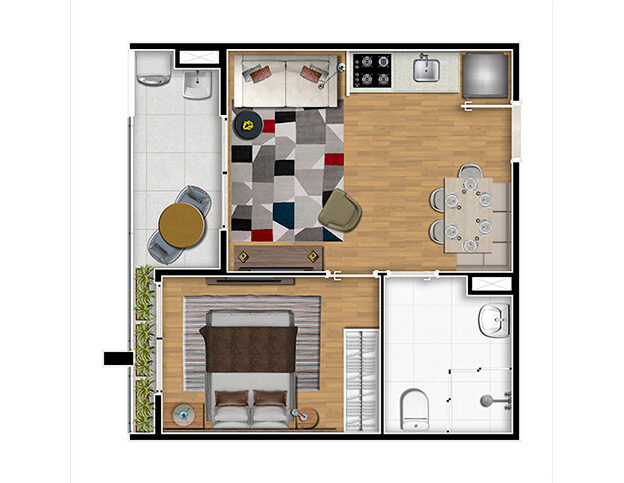 1 dorm. com terraço e depósito⁽⁴⁾ 36,60m². Aptos-finais 6 e 15 (Torre 7)