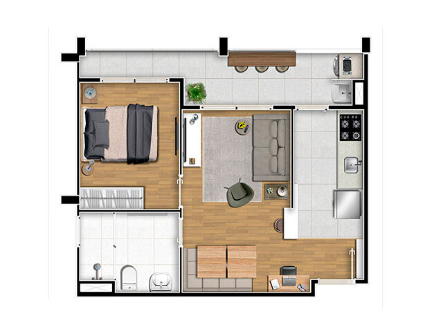 1 dorm com terraço e-depósito⁽⁴⁾ - 45,20m² - Aptos finais 5, 7, 14 e 16 (Torre 7)