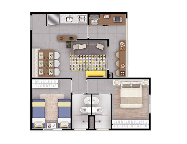 2 dorms com suíte e terraço 52m². Aptos finais 6 e 7 (Torres 1, 2, 3, 4 e 5)