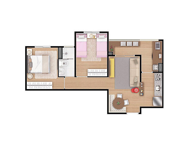 2 dorms com terraço 48,50m². Aptos finais 1, 4, 5 e 8 (Torres 1, 2, 3, 4 e 5). Aptos finais 1 e 8 (Torre 6)