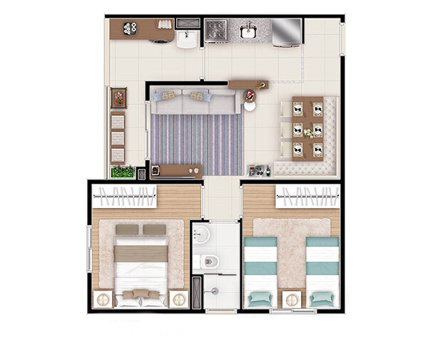 2 dorms com terraço 48,50m². Aptos finais 2 e 3 (Torres 1, 2, 3, 4, 5 e 6)