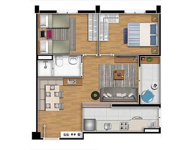 2 dorms. com terraço 53,20m². Apto final 11 (Torre 8)