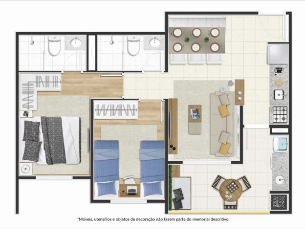 Planta Tipo 2 Dorms. (c/ 01 suíte) – MEIO (Finais 03 e 06).