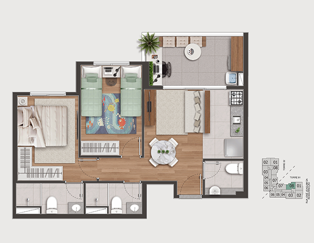 2 DORMS. (1 SUÍTE) C/ LAVABO* - 54,60M²  TORRE 1 – FINAL 8