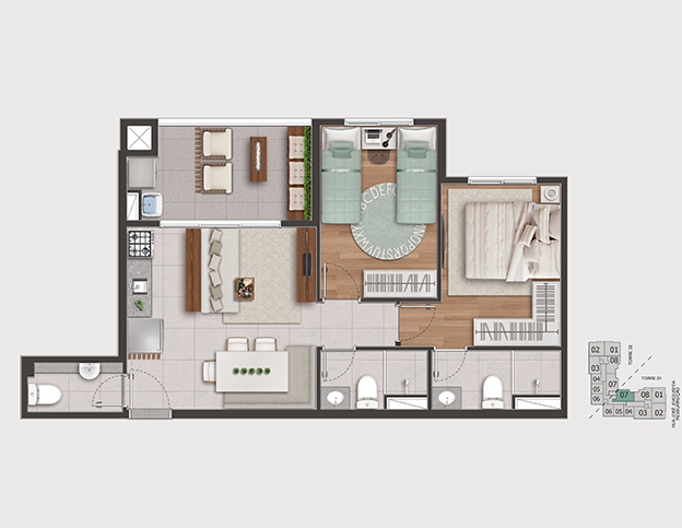 2 DORMS. (1 SUÍTE) C/ LAVABO - 56,07M²  TORRE 1 – FINAL 7