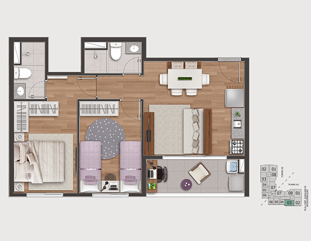 2 DORMS. (1 SUÍTE) - 51,91M²  TORRE 1 – FINAL 3