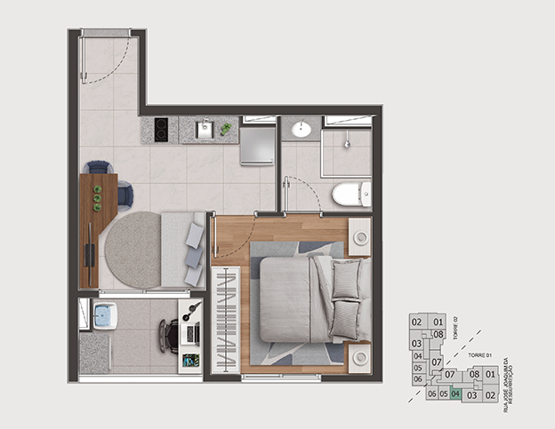 1 DORM. (1 SUÍTE) - 28,41m²  TORRE 1 – FINAL 4