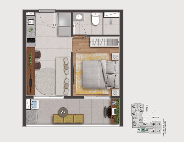 1 DORM. (1 SUÍTE) - 32,56m²  TORRE 1 – FINAL 5 