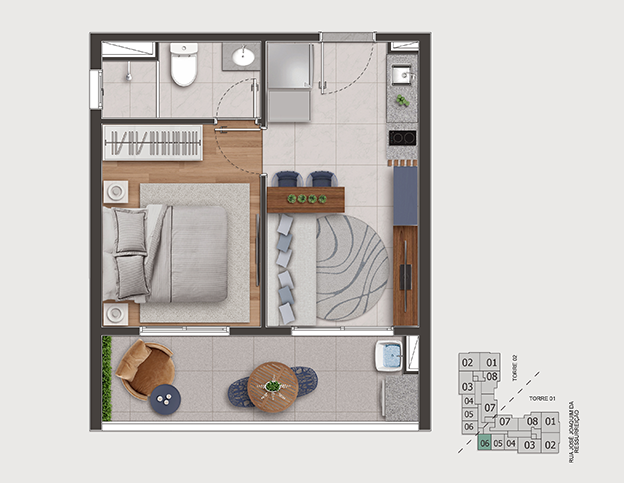 1 DORM. (1 SUÍTE) - 33,14m²  TORRE 1 – FINAL 6 